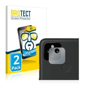 Face avant d’un emballage produit avec le logo de la marque BROTECT. À côté, l’appareil Google Pixel 4a 5G (Caméra UNIQUEMENT)