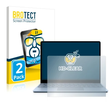 Face avant d’un emballage produit avec le logo de la marque BROTECT. À côté, l’appareil Microsoft Surface Laptop Go est représ