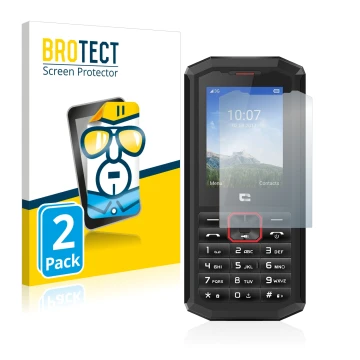 Face avant d’un emballage produit avec le logo de la marque BROTECT. À côté, l’appareil Crosscall Spider X5 est représenté ave