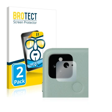 Face avant d’un emballage produit avec le logo de la marque BROTECT. À côté, l’appareil Google Pixel 5 (Caméra UNIQUEMENT) est