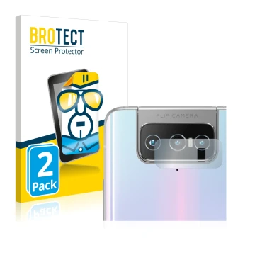 Face avant d’un emballage produit avec le logo de la marque BROTECT. À côté, l’appareil ASUS Zenfone 7 Pro ZS671KS (Caméra UNI