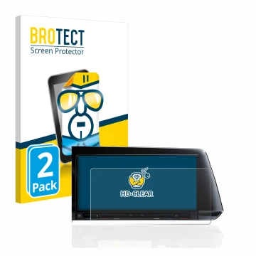 Face avant d’un emballage produit avec le logo de la marque BROTECT. À côté, l’appareil Volkswagen Golf 8 2020 Discover Pro 10