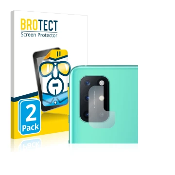 Face avant d’un emballage produit avec le logo de la marque BROTECT. À côté, l’appareil OnePlus 8T (Caméra UNIQUEMENT) est rep