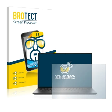 Face avant d’un emballage produit avec le logo de la marque BROTECT. À côté, l’appareil Dell XPS 15 9500 est représenté avec l