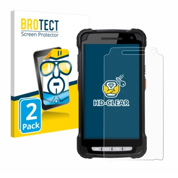 Face avant d’un emballage produit avec le logo de la marque BROTECT. À côté, l’appareil Point Mobile PM90 est représenté avec 