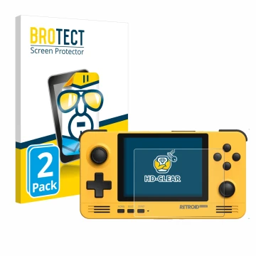 Face avant d’un emballage produit avec le logo de la marque BROTECT. À côté, l’appareil Retroid Pocket 2 est représenté avec l