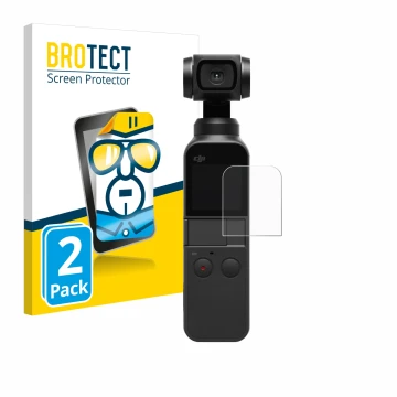 Face avant d’un emballage produit avec le logo de la marque BROTECT. À côté, l’appareil DJI Osmo Pocket 2 est représenté avec 