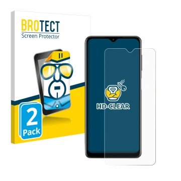 Face avant d’un emballage produit avec le logo de la marque BROTECT. À côté, l’appareil Samsung Galaxy M12 est représenté avec