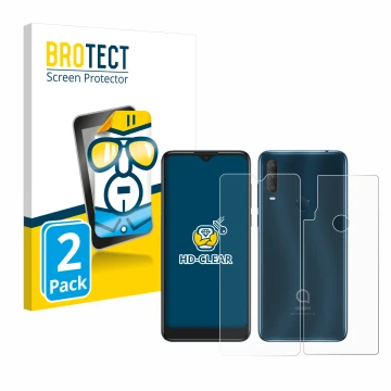 Face avant d’un emballage produit avec le logo de la marque BROTECT. À côté, l’appareil Alcatel 1S 2020 (Avant+Arrière) est re