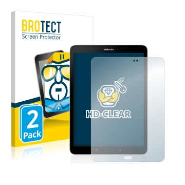 Face avant d’un emballage produit avec le logo de la marque BROTECT. À côté, l’appareil Samsung Galaxy Tab S3 est représenté a