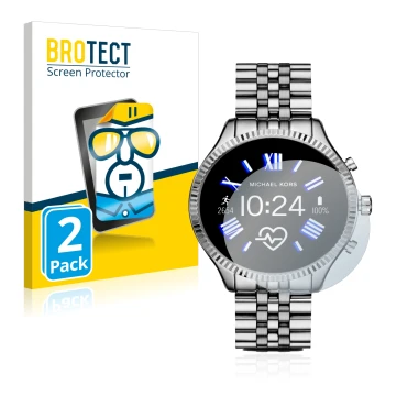 Face avant d’un emballage produit avec le logo de la marque BROTECT. À côté, l’appareil Michael Kors Access Gen 5 Lexington es