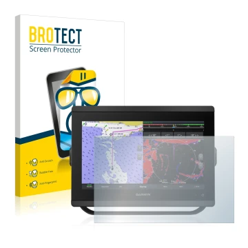 Face avant d’un emballage produit avec le logo de la marque BROTECT. À côté, l’appareil Garmin GPSMAP 8412xsv est représenté a