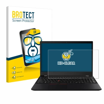 Face avant d’un emballage produit avec le logo de la marque BROTECT. À côté, l’appareil Lenovo ThinkPad T15 est représenté ave