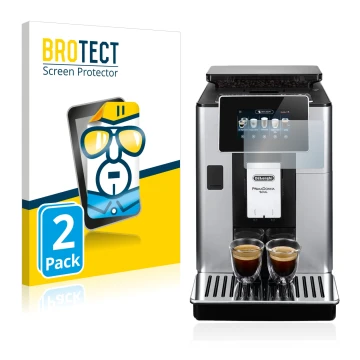 Face avant d’un emballage produit avec le logo de la marque BROTECT. À côté, l’appareil DeLonghi PrimaDonna Soul ECAM610.74.MB