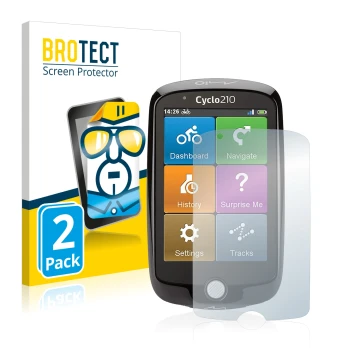 Face avant d’un emballage produit avec le logo de la marque BROTECT. À côté, l’appareil Mio Cyclo 210 est représenté avec la p