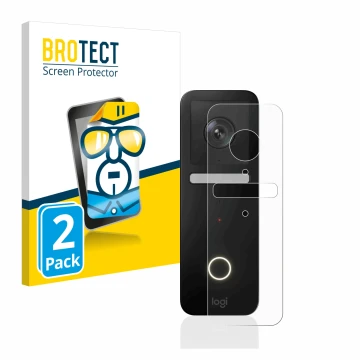 Face avant d’un emballage produit avec le logo de la marque BROTECT. À côté, l’appareil Logitech Circle View Doorbell est repr