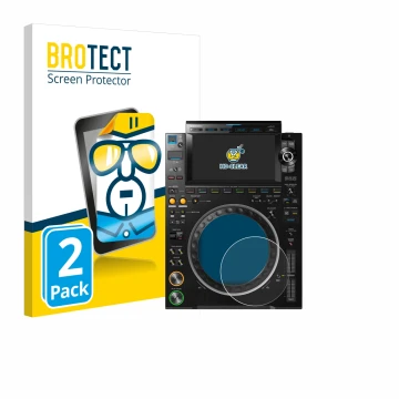 Face avant d’un emballage produit avec le logo de la marque BROTECT. À côté, l’appareil Pioneer CDJ 3000 (Cercle) est représen