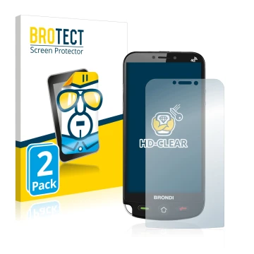 Face avant d’un emballage produit avec le logo de la marque BROTECT. À côté, l’appareil Brondi Amico Dual Sim est représenté a