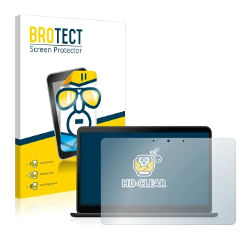 Face avant d’un emballage produit avec le logo de la marque BROTECT. À côté, l’appareil Google Pixelbook Go 13.3