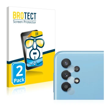 Face avant d’un emballage produit avec le logo de la marque BROTECT. À côté, l’appareil Samsung Galaxy A32 5G (Caméra UNIQUEME