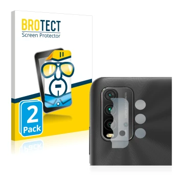 Face avant d’un emballage produit avec le logo de la marque BROTECT. À côté, l’appareil Xiaomi Redmi 9T (Caméra UNIQUEMENT) es