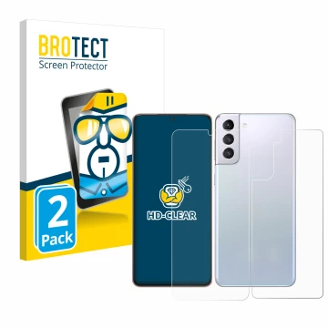 Face avant d’un emballage produit avec le logo de la marque BROTECT. À côté, l’appareil Samsung Galaxy S21 Plus 5G (Avant+Arri