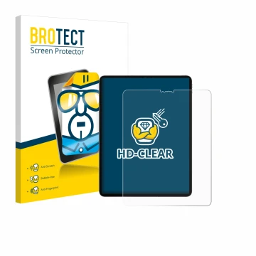 Face avant d’un emballage produit avec le logo de la marque BROTECT. À côté, l’appareil Apple iPad Pro 12.9
