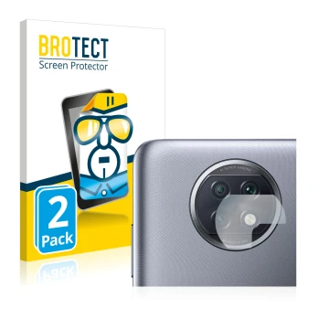 Face avant d’un emballage produit avec le logo de la marque BROTECT. À côté, l’appareil Xiaomi Redmi Note 9T 5G (Caméra UNIQUE