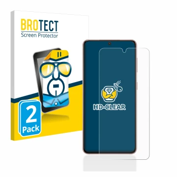 Face avant d’un emballage produit avec le logo de la marque BROTECT. À côté, l’appareil Samsung Galaxy S21 est représenté avec