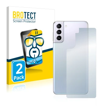 Face avant d’un emballage produit avec le logo de la marque BROTECT. À côté, l’appareil Samsung Galaxy S21 (Arrière) est repré