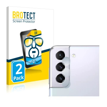 Face avant d’un emballage produit avec le logo de la marque BROTECT. À côté, l’appareil Samsung Galaxy S21 (Caméra UNIQUEMENT)