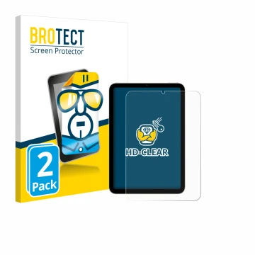 Face avant d’un emballage produit avec le logo de la marque BROTECT. À côté, l’appareil Apple iPad Mini 6 WiFi 2021 est représ