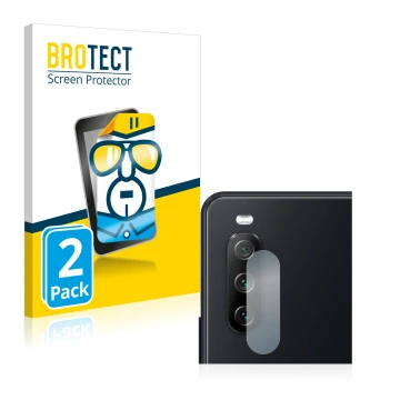 Face avant d’un emballage produit avec le logo de la marque BROTECT. À côté, l’appareil Sony Xperia 10 III (Caméra UNIQUEMENT)