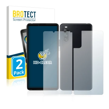 Face avant d’un emballage produit avec le logo de la marque BROTECT. À côté, l’appareil Sony Xperia 10 III (Avant+Arrière) est
