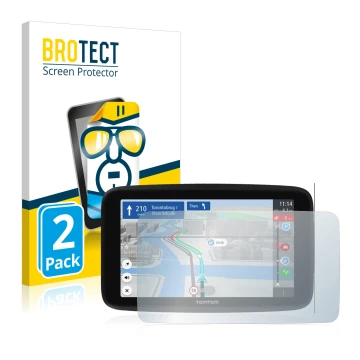 Face avant d’un emballage produit avec le logo de la marque BROTECT. À côté, l’appareil TomTom GO Discover 6