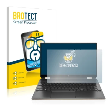 Face avant d’un emballage produit avec le logo de la marque BROTECT. À côté, l’appareil HP Spectre x360 (15-eb) (359.9 mm x 22