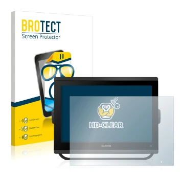 Face avant d’un emballage produit avec le logo de la marque BROTECT. À côté, l’appareil Garmin GPSMAP 1223 est représenté avec