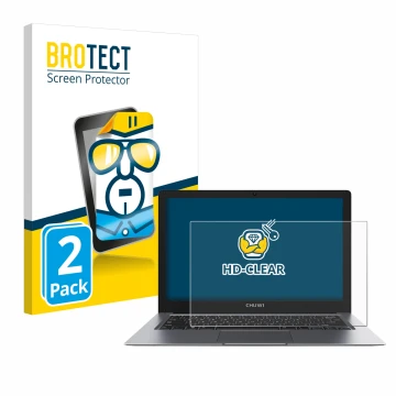 Face avant d’un emballage produit avec le logo de la marque BROTECT. À côté, l’appareil Chuwi HeroBook Pro Plus est représenté