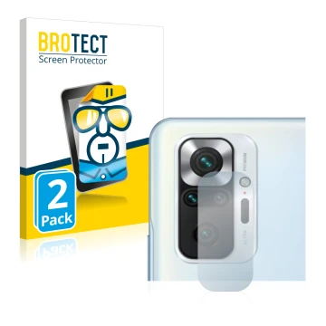 Face avant d’un emballage produit avec le logo de la marque BROTECT. À côté, l’appareil Xiaomi Redmi Note 10S (Caméra UNIQUEME