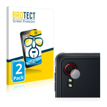 Face avant d’un emballage produit avec le logo de la marque BROTECT. À côté, l’appareil Samsung Galaxy XCover 5 (Caméra UNIQUE