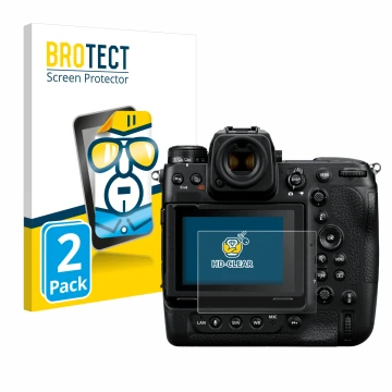 Face avant d’un emballage produit avec le logo de la marque BROTECT. À côté, l’appareil Nikon Z 9 est représenté avec la prote