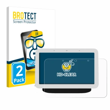 Face avant d’un emballage produit avec le logo de la marque BROTECT. À côté, l’appareil Google Nest Hub 2 est représenté avec 