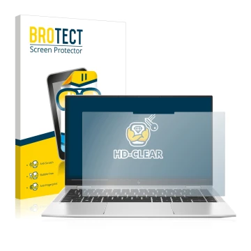 Face avant d’un emballage produit avec le logo de la marque BROTECT. À côté, l’appareil HP Elitebook x360 1040 G7 est représen