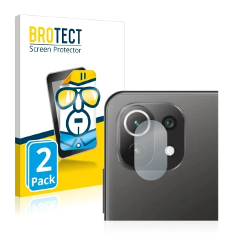 Face avant d’un emballage produit avec le logo de la marque BROTECT. À côté, l’appareil Xiaomi Mi 11 Lite 5G (Caméra UNIQUEMEN