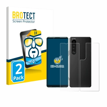 Face avant d’un emballage produit avec le logo de la marque BROTECT. À côté, l’appareil Sony Xperia 5 III (Avant+Arrière) est 