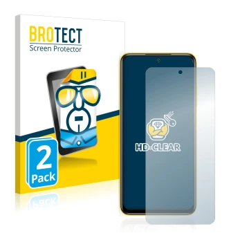 Face avant d’un emballage produit avec le logo de la marque BROTECT. À côté, l’appareil Xiaomi Poco M3 Pro 5G est représenté a