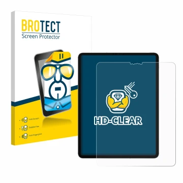 Face avant d’un emballage produit avec le logo de la marque BROTECT. À côté, l’appareil Apple iPad Pro 12.9