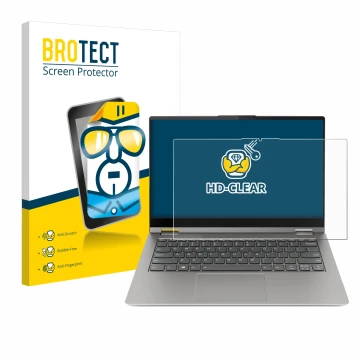 Face avant d’un emballage produit avec le logo de la marque BROTECT. À côté, l’appareil Lenovo ThinkBook 14s Yoga est représen
