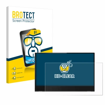 Face avant d’un emballage produit avec le logo de la marque BROTECT. À côté, l’appareil Lenovo ThinkVision M14t est représenté