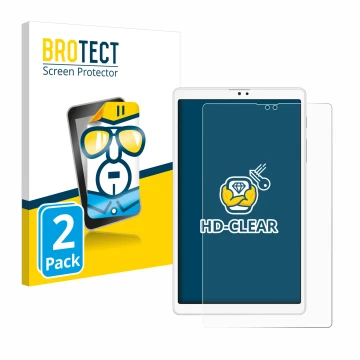 Face avant d’un emballage produit avec le logo de la marque BROTECT. À côté, l’appareil Samsung Galaxy Tab A7 Lite LTE 2021 (p